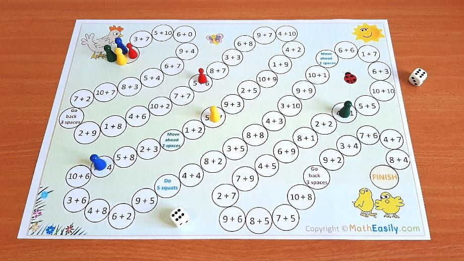 Free Printable Addition Board Games for kids.  printable addition games. printable addition exercise board games. Free Addition board game printable.