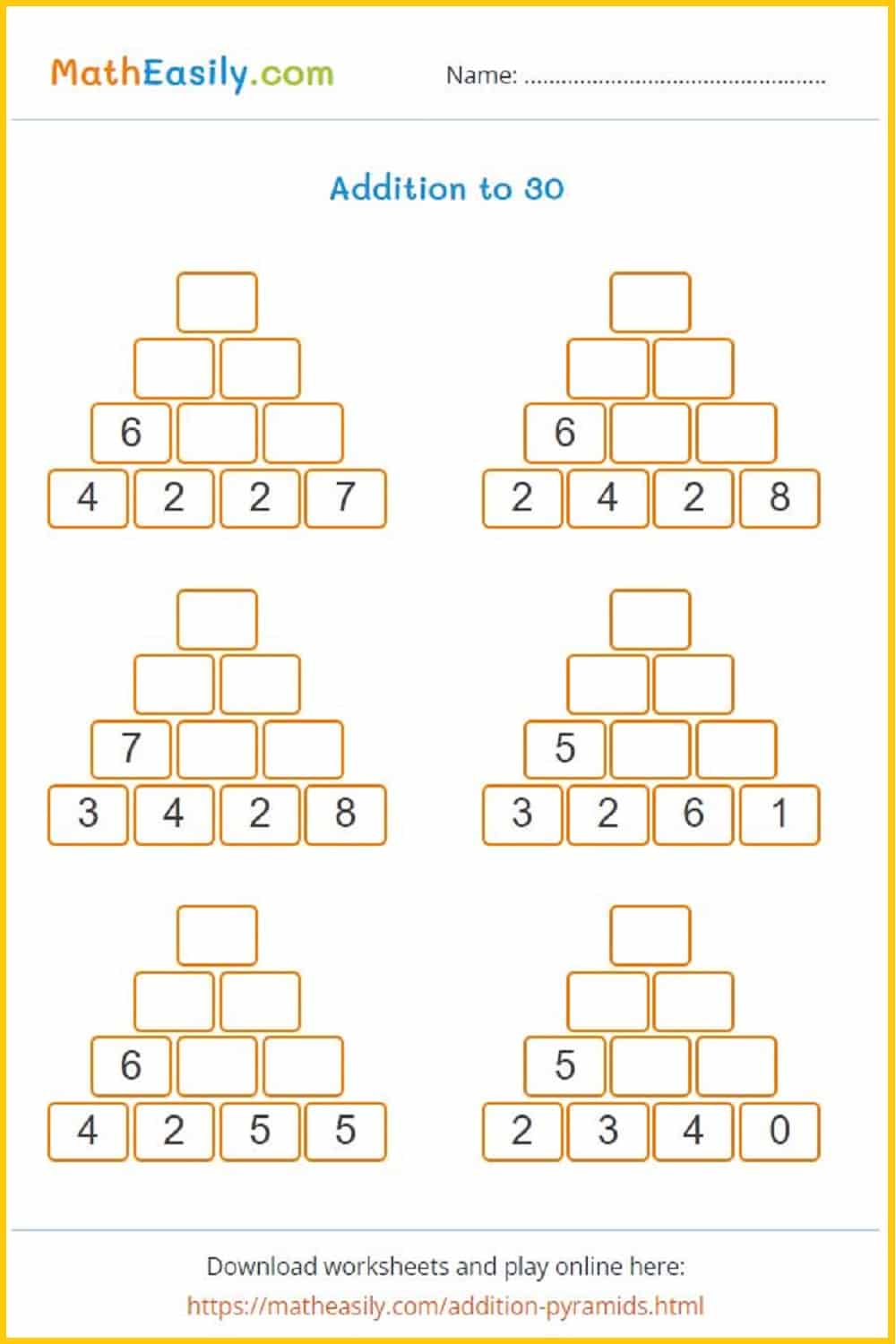 Number pyramid addition worksheets. Printable number pyramid puzzle worksheets in PDF. addition pyramids worksheet. pyramid addition puzzle. math pyramid numbers.
