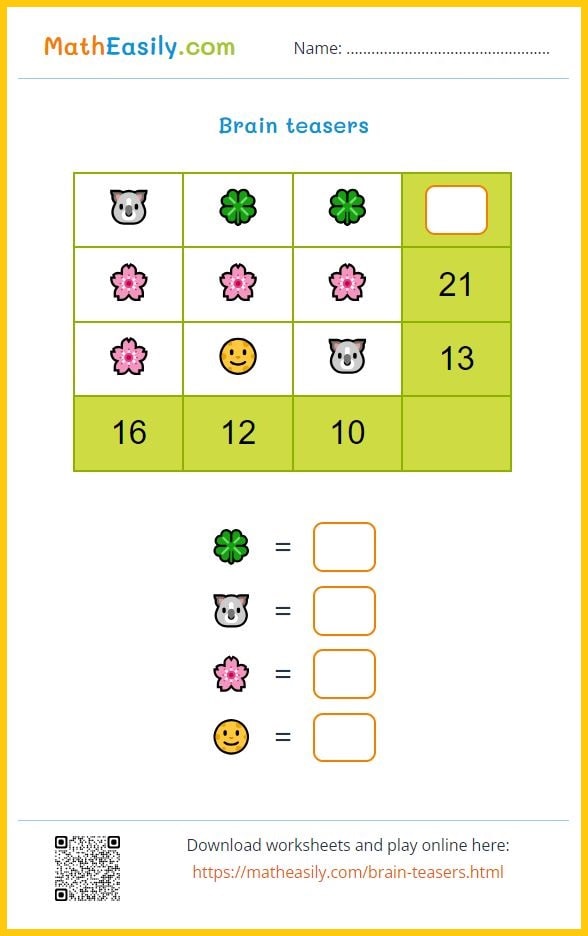 Maths emoji puzzles with answers PDF download. logic maths puzzles with answers pdf free download. math puzzles for adults.
