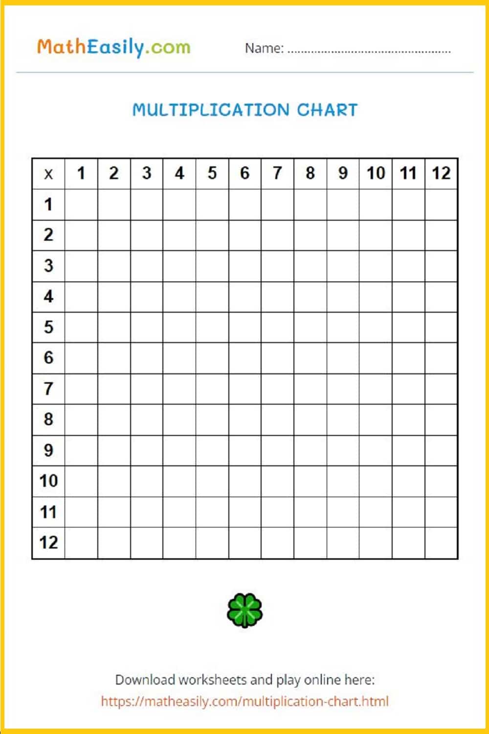 Free printable blank multiplication chart 1 12. blank times table grid. blank multiplication square PDF.