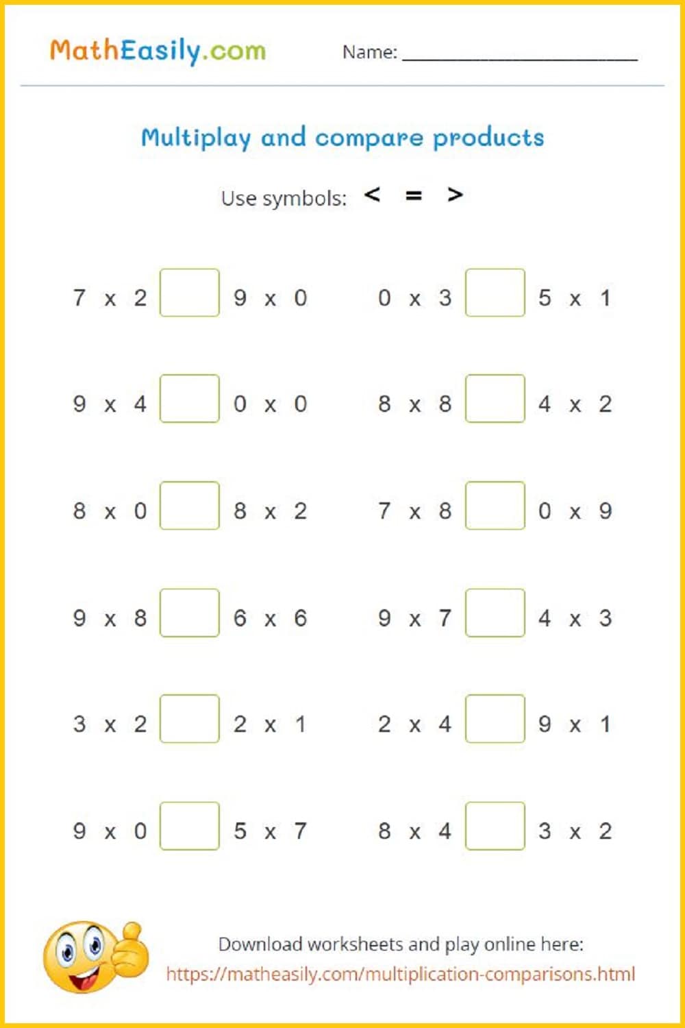 Download free printable multiplication comparisons worksheets in PDF here.
