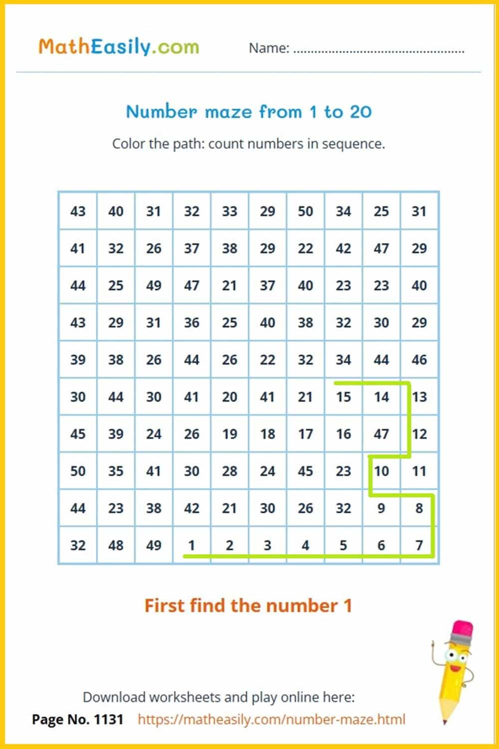 Free number maze worksheet PDF. printable number maze 1-20 worksheets. Number maze puzzle.