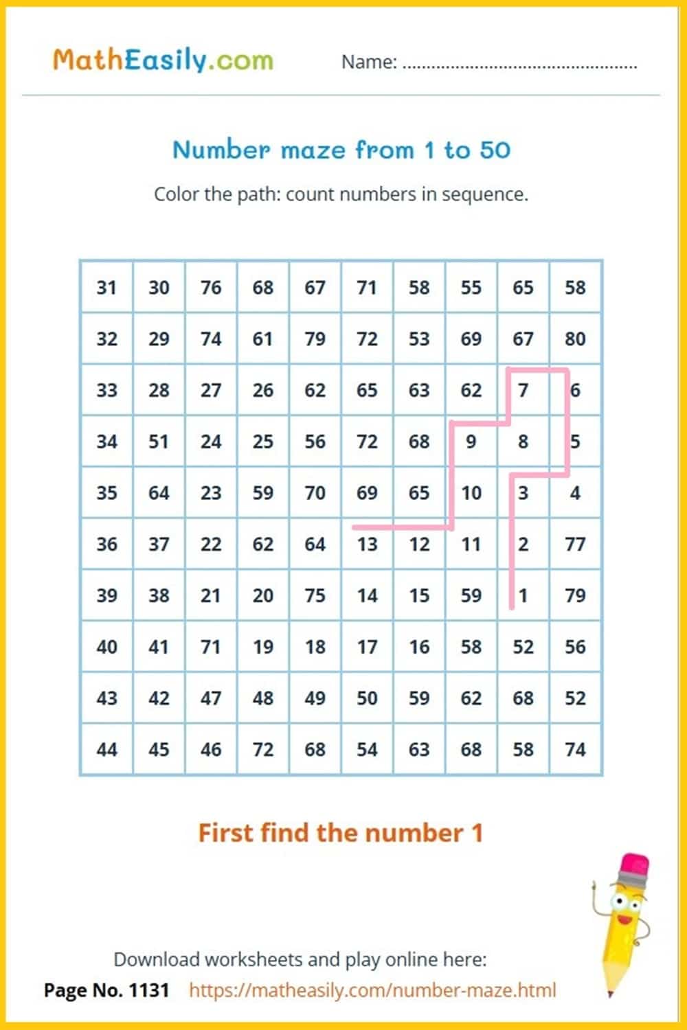 printable number maze 1-50 PDF. Free number maze printable. number maze game.