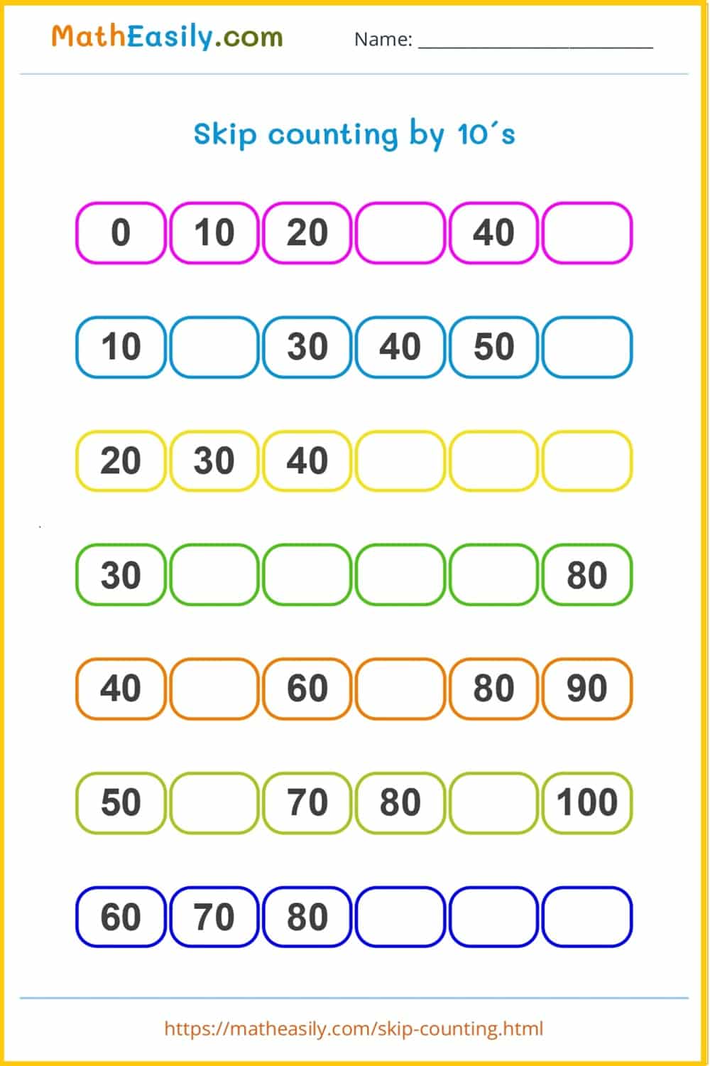 Count by 10 worksheet PDF. Free skip counting by 10 worksheets with answers. Count by 10´s games.