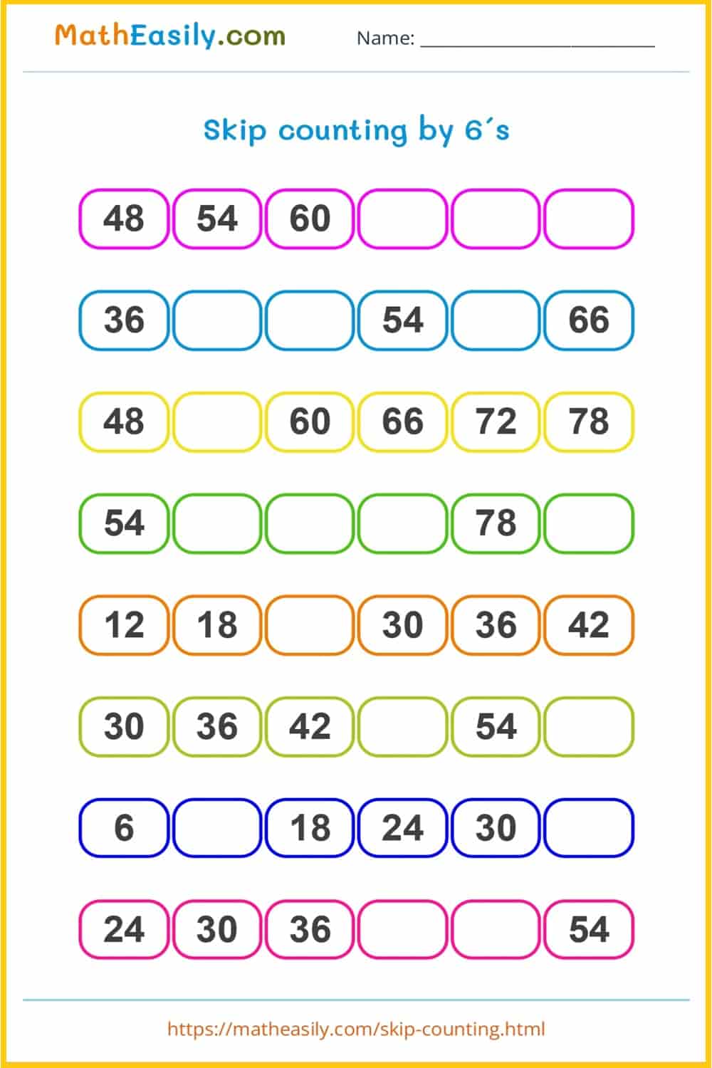 Count by 6 worksheet PDF. Free skip counting by 6 worksheet PDF. Count by 6 games.