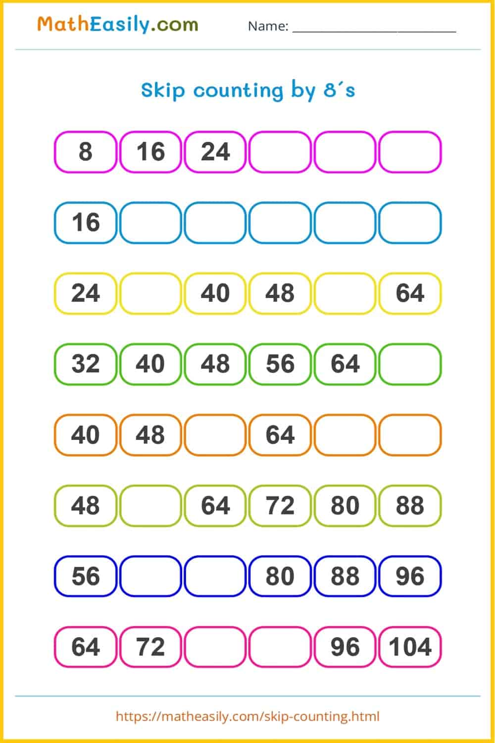 Count by 8 worksheet PDF. Free skip counting by 8 worksheets with answers. Count by 8 games.