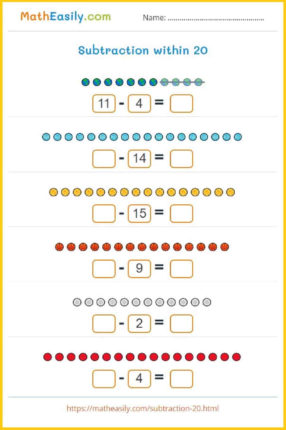 subtraction within 20 worksheets PDF. subtraction to 20 worksheets with pictures. subtraction within 20 with pictures worksheet.