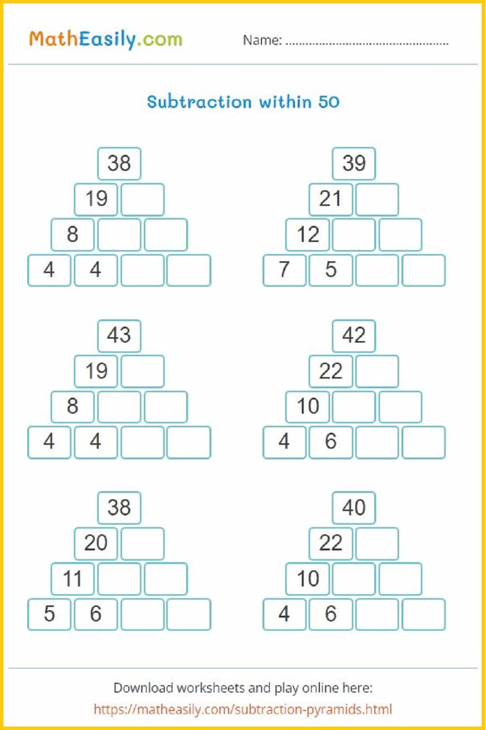 subtraction pyramid puzzle worksheets. Printable subtraction number pyramid worksheets in PDF. missing number pyramid puzzle. addition and subtraction pyramid worksheet.