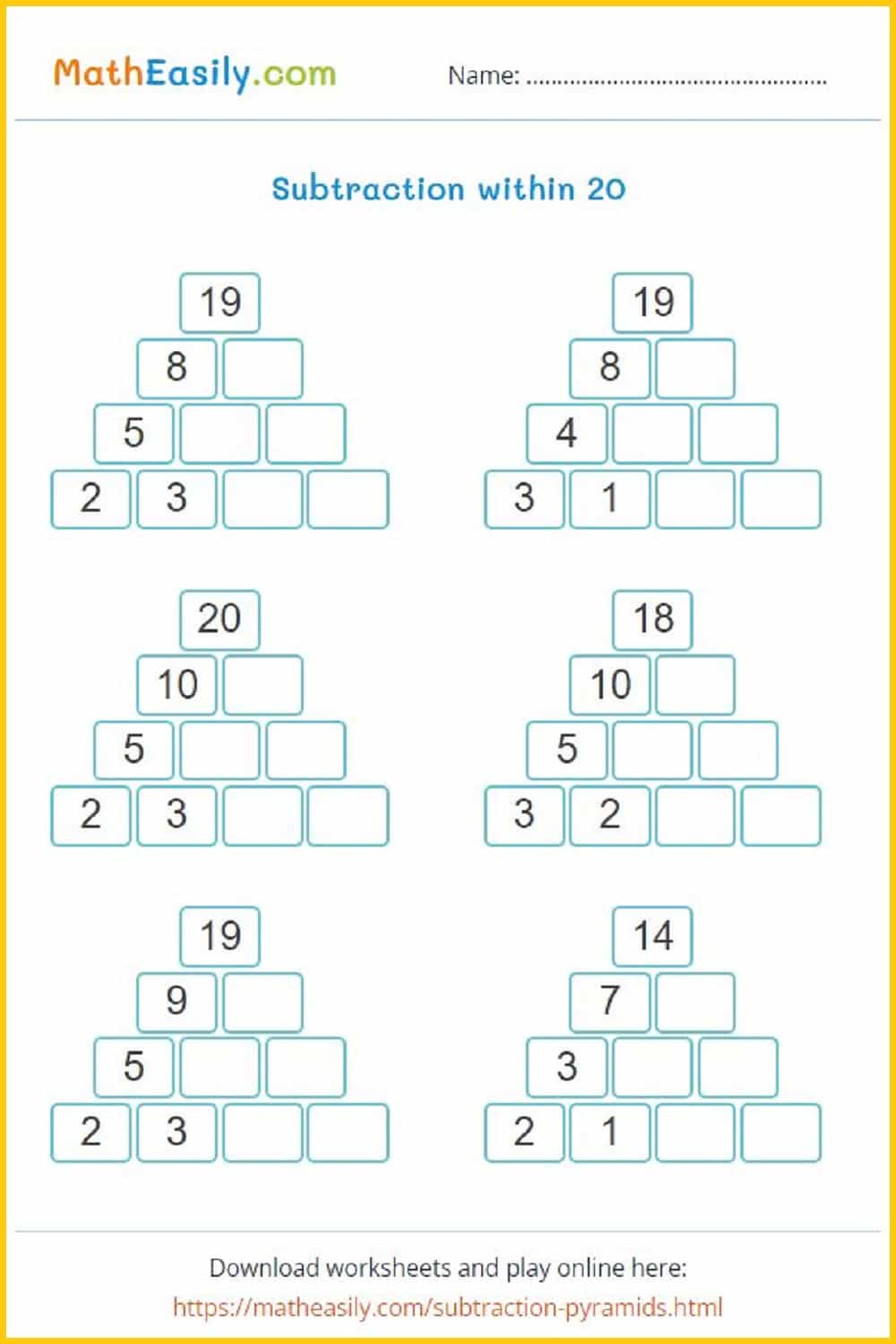 Subtraction within 20 worksheets in PDF