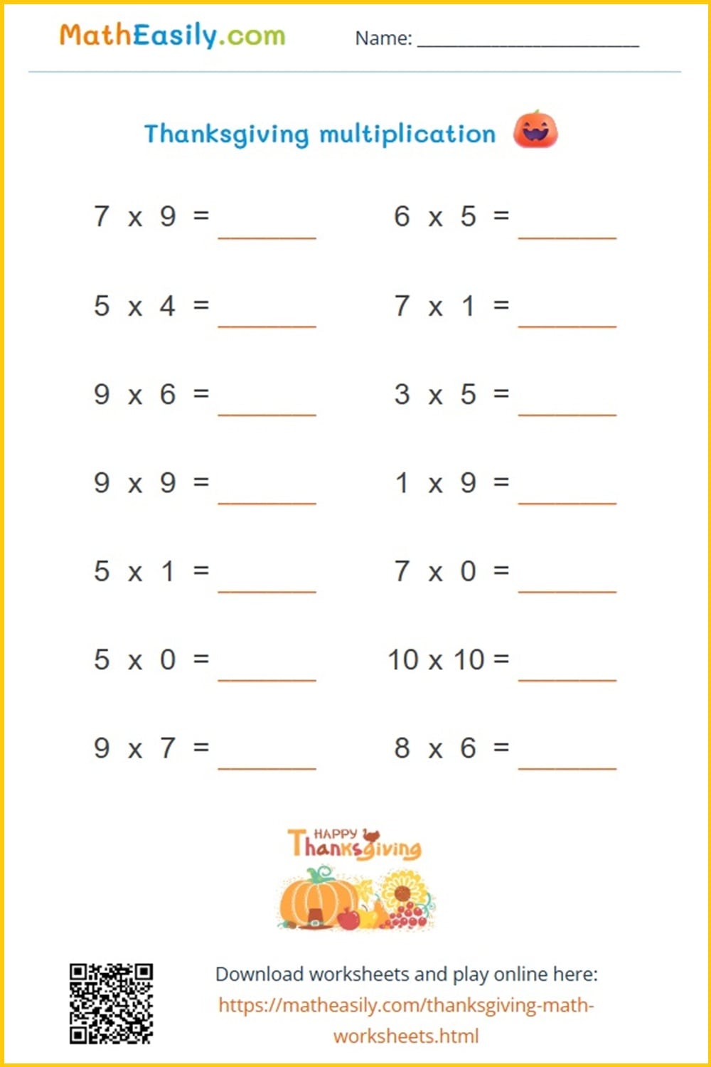 Free printable Thanksgiving multiplication problems PDF.